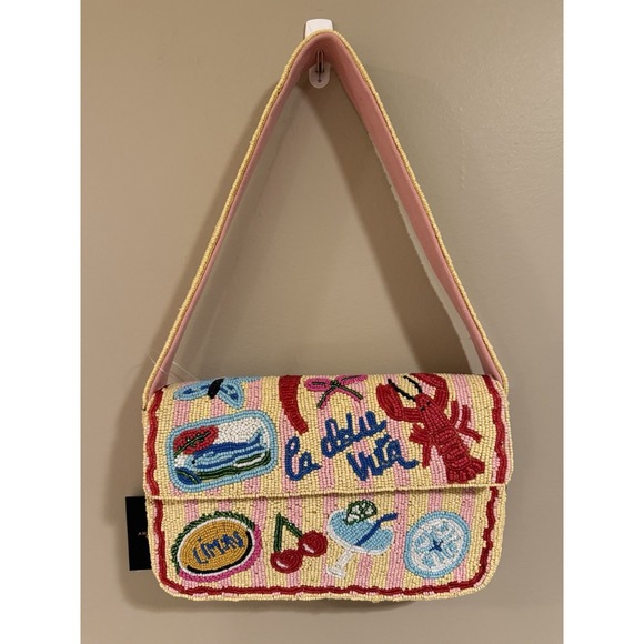 America & Beyond Handbags - America & Beyond Women's Pink Yellow Beaded Bag Beach Striped Lobster Cherries